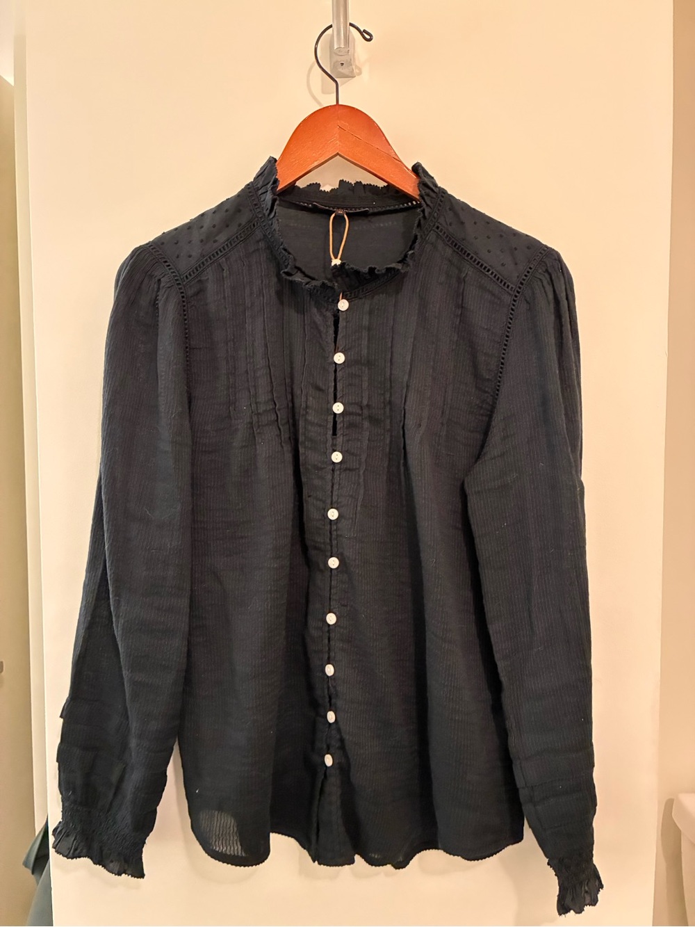 *NEW* Quince Black Ruffled Neck Button Blouse